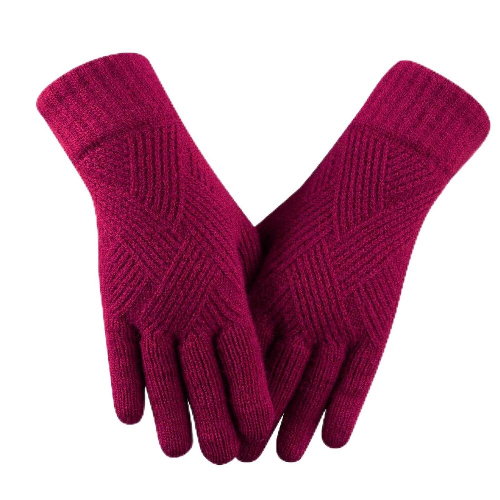 Mens Womens Winter Knit Gloves Warm Burgundy Red Diamond Pattern Outdoor